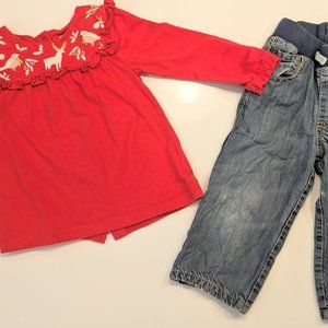 Baby Boden Embroidered Deer & Holly Ruffle Top & jean bundle! Size 18-24 months